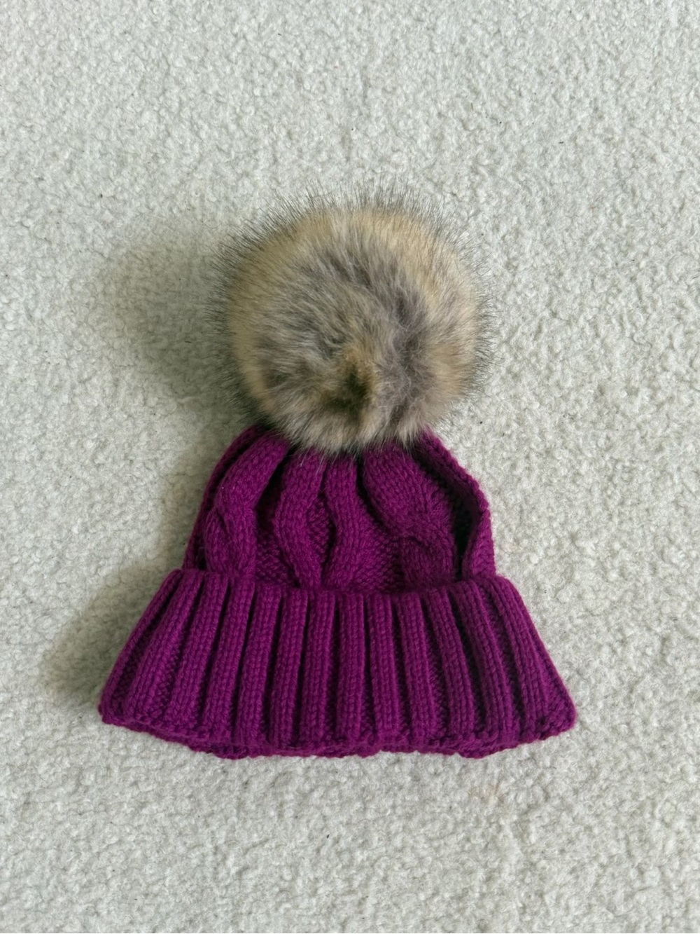 Lands' End Kids Cable Knit Pom Hat in Plum Purple Faux-Fur Pom M/L